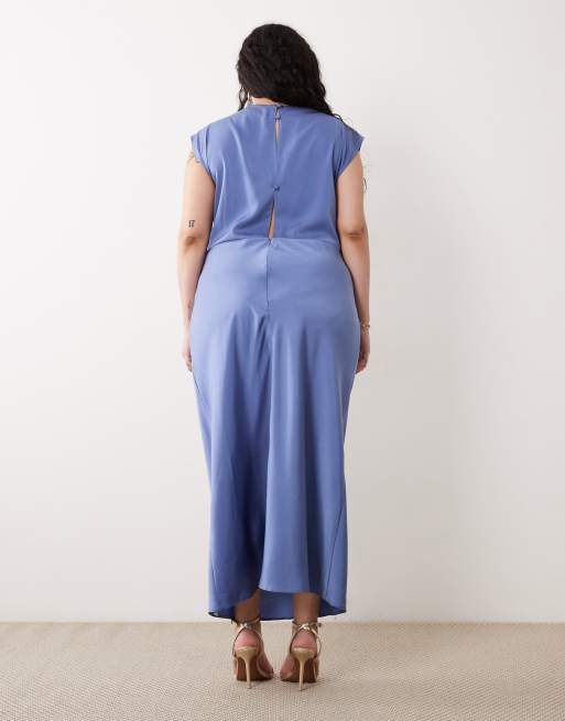 ASOS DESIGN Curve – Blå midiklänning i satin med hög ringning och plisserat liv, 4 av 4