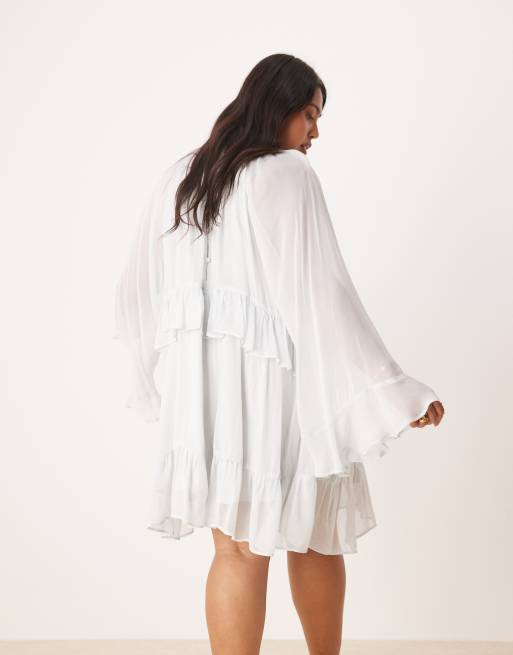 ASOS DESIGN Curve - Blå minikjole med flæser og høj hals, 3 af 4