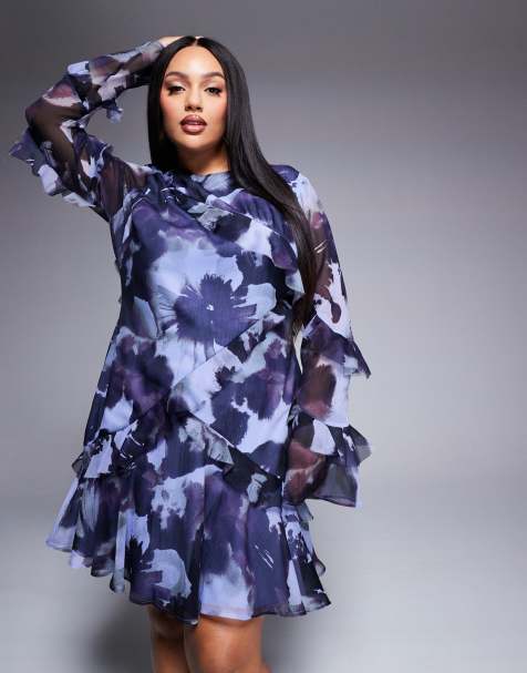 ASOS DESIGN Curve – Blå, mönstrad miniklänning med långa ärmar, volanger och råskuren fåll - view 1