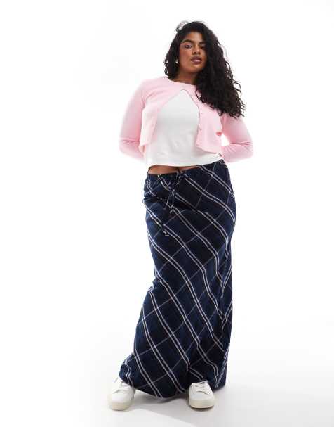 ASOS DESIGN Curve – Blå- och rosarutig maxikjol med knytning i midjan - view 1