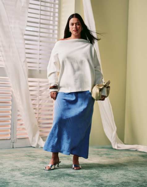 ASOS DESIGN Curve - Blå og superblød maxinederdel med tværsnit - view 1