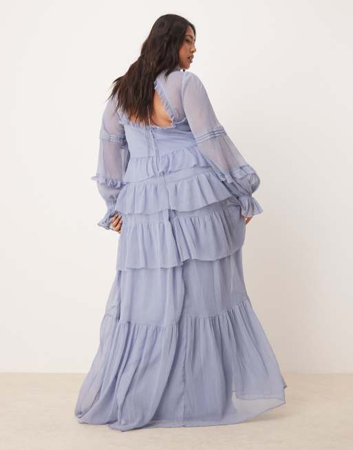 ASOS DESIGN Curve – Blå, panelsydd maxiklänning med v-ringning framtill, volang, stråveck och ojämn fåll, 3 av 4