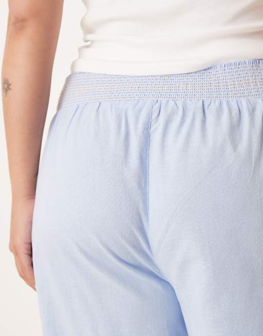 ASOS DESIGN Curve - Blå pull-on bukser i hørblanding med brede ben og smocksyninger i taljen, 5 af 5