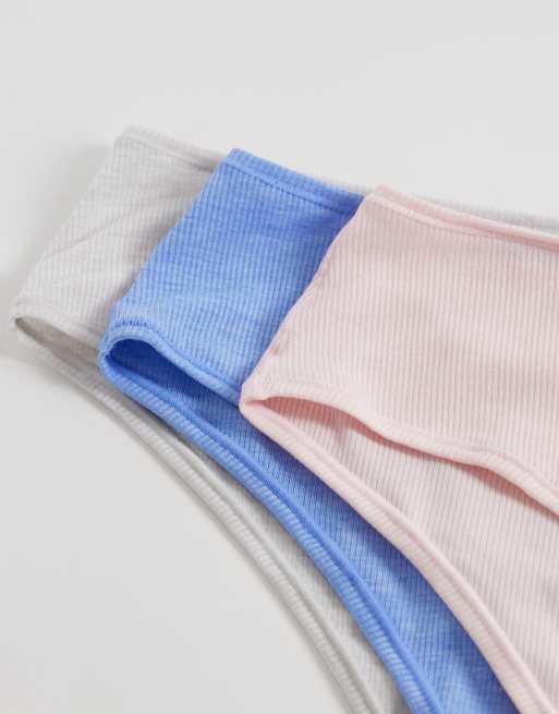 ASOS DESIGN Curve – Blå, rosa och gräddvita, ribbade trosor med hög midja, 3-pack, 2 av 3