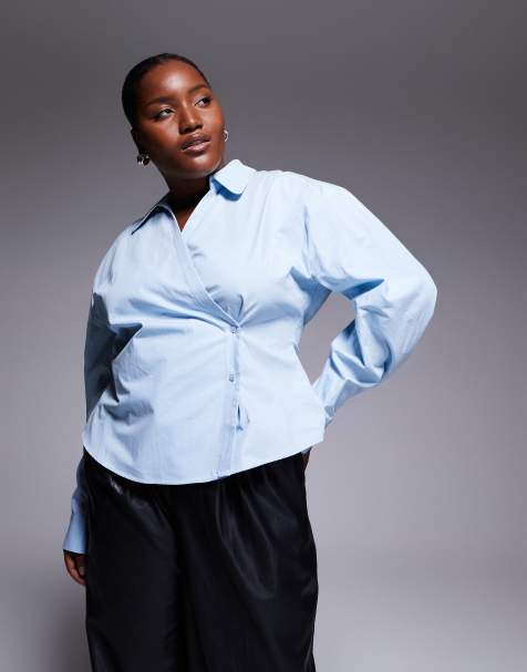 ASOS DESIGN Curve – Blå skjorta med omlottdesign och cocoon-ärmar - view 1