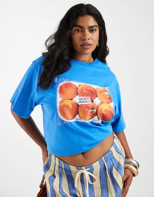 ASOS DESIGN Curve – Blå t-shirt i oversized fit med persikotryck, 3 av 4