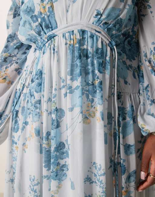 ASOS DESIGN Curve – Blåblommig maxiklänning i dobbyväv med indragen detalj, 4 av 4