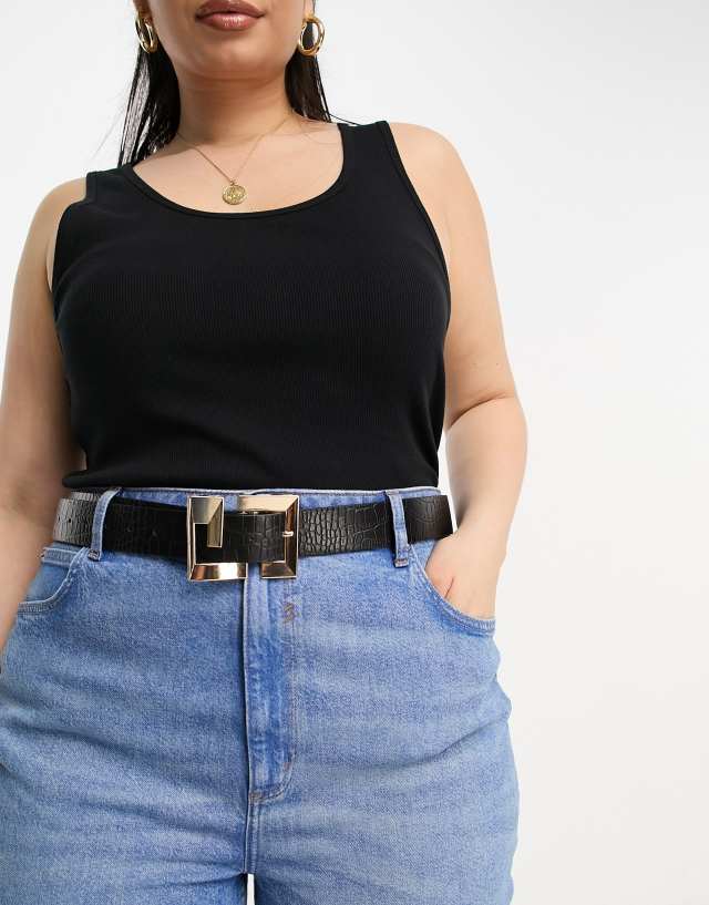 ASOS DESIGN Curve black croc spiral logo belt in black