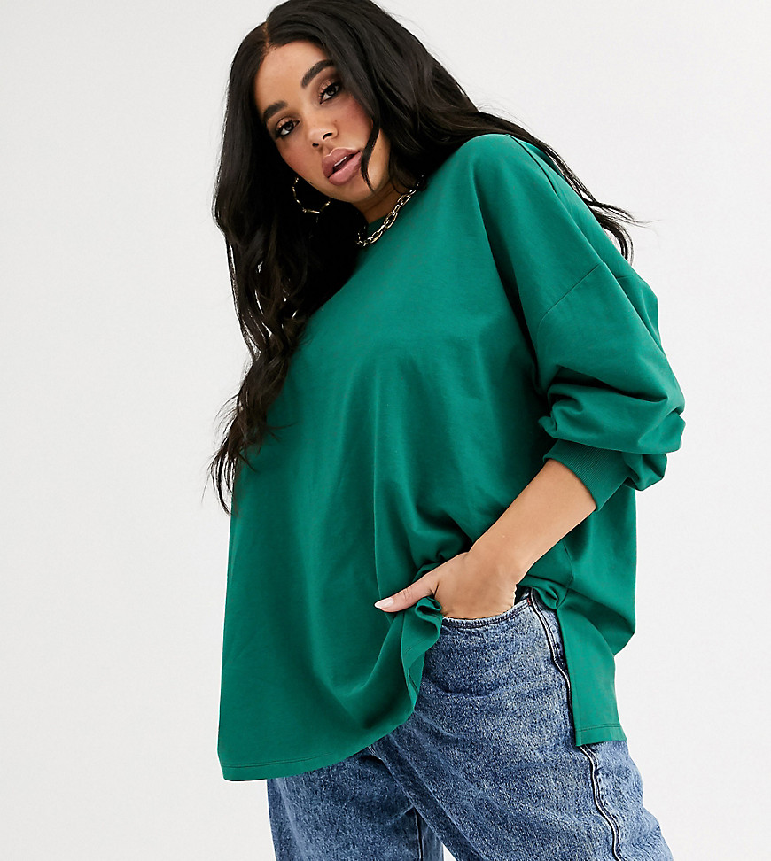 ASOS DESIGN – Curve – Blågrön, lätt sweatshirt i super oversize-modell med sidoslits