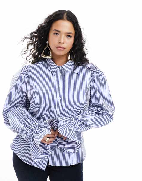 ASOS DESIGN Curve – Blårandig mjuk skjorta med volymärmar och volanger vid manschetterna - view 1