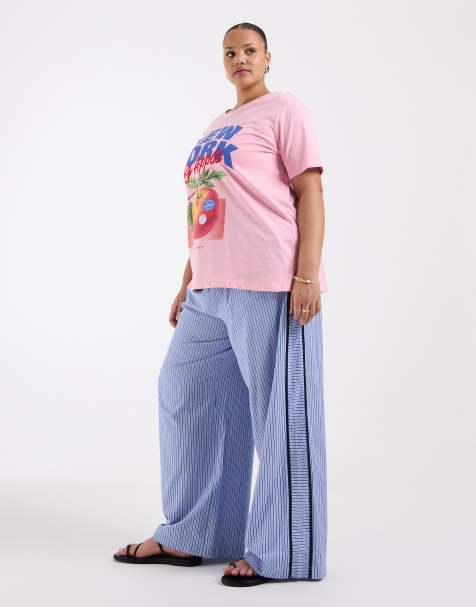 ASOS DESIGN – Curve – Blårandiga byxor i dra på-modell med krinklad kantrand och knytning - view 1