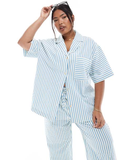 ASOS DESIGN Curve - Blåstribet skjorte i seersucker - Del af sæt - view 1