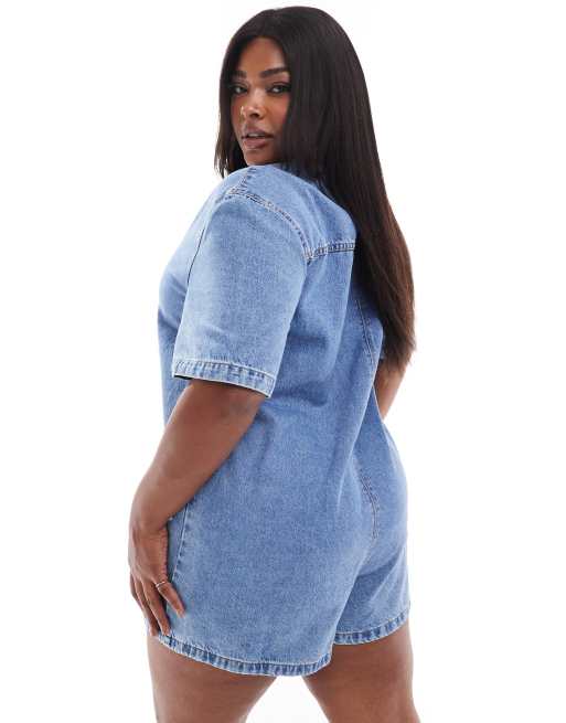 ASOS DESIGN Curve - Blåt skjorte-playsuit i denim i firkantet pasform, 4 af 4