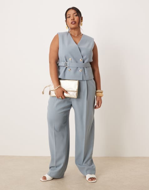 ASOS DESIGN Curve - Blåt sæt i skræddersyet hørlook med guldknapper bestående af bukser og vest - view 1