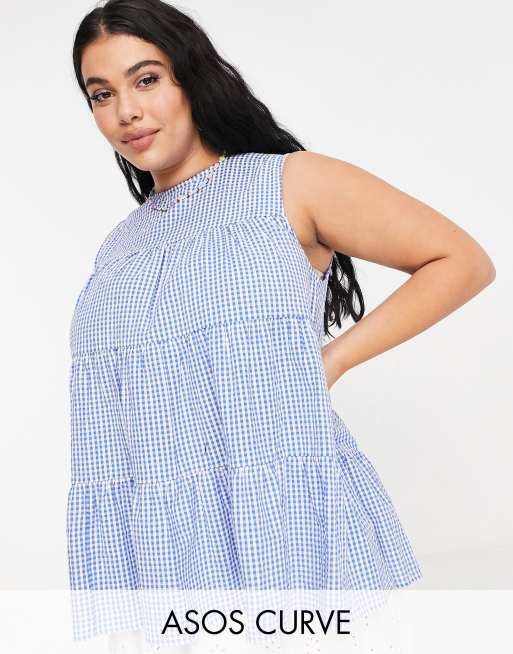 ASOS DESIGN Curve – Blått, ginghamrutigt linne i bomull med smock