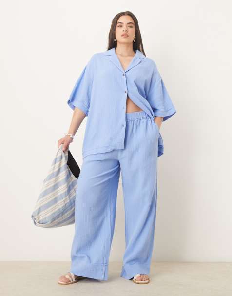 ASOS DESIGN Curve – Blått set med skjorta och byxor i bomullsväv med råskurna kanter - view 1