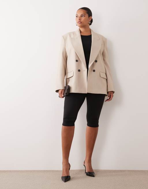 ASOS DESIGN Curve blazer ajusté à épaules marquées croisé en sable chiné, 2 de 4