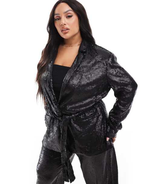 ASOS DESIGN Curve - Blazer allacciato in vita nero con paillettes - view 1