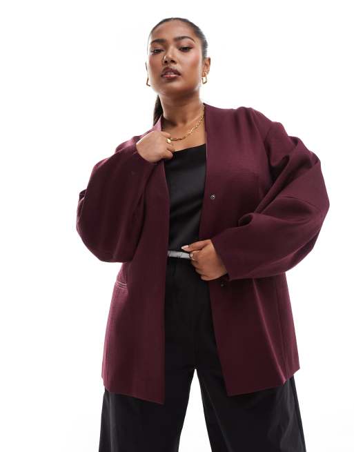 ASOS DESIGN Curve - Blazer bordeaux senza colletto con maniche cocoon, 2 di 4
