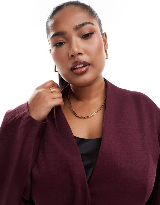 ASOS DESIGN Curve - Blazer bordeaux senza colletto con maniche cocoon, 3 di 4