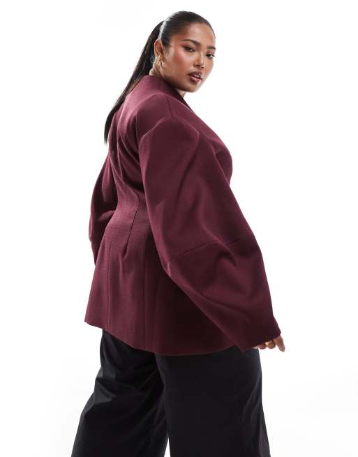 ASOS DESIGN Curve - Blazer bordeaux senza colletto con maniche cocoon, 4 di 4
