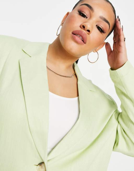 ASOS DESIGN Curve - Blazer da abito slim dritto in lino, color lime, 2 di 4