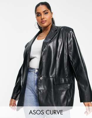 Asos Design Curve - Blazer Dad Oversize In Pelle Sintetica Nero