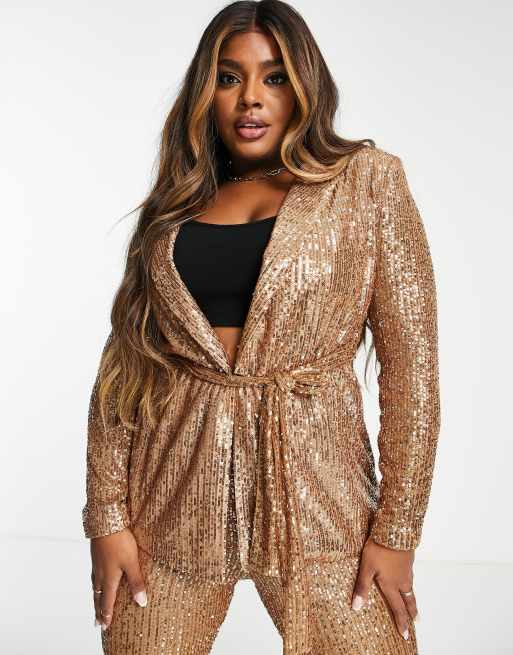 ASOS DESIGN Curve - Blazer de tailleur croisé en jersey à sequins - Or rose, 3 de 4