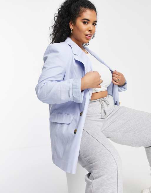 ASOS DESIGN Curve - Blazer doppiopetto da abito in lino blu, 3 di 4