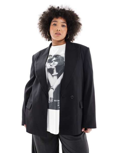 ASOS DESIGN Curve - Blazer doppiopetto nero con spalle imbottite - view 1