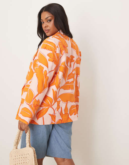 ASOS DESIGN Curve – Blazer mit Leinenanteil, lockerem Schnitt und Palmenmuster, 3 von 4