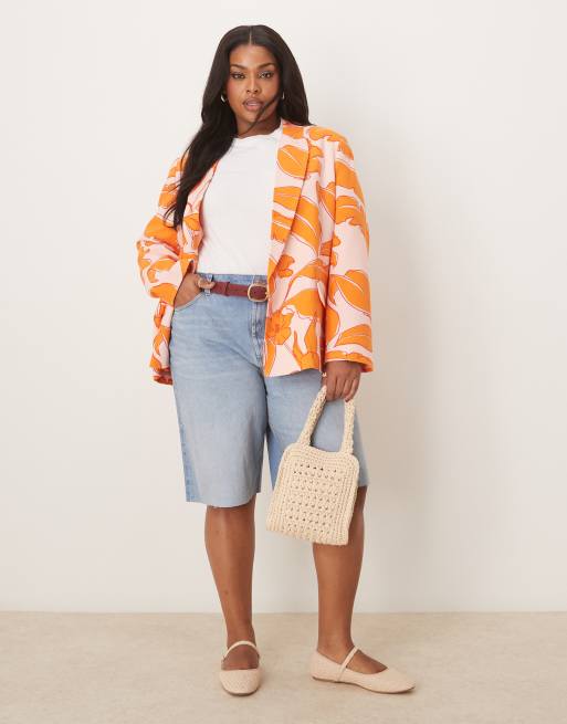 ASOS DESIGN Curve – Blazer mit Leinenanteil, lockerem Schnitt und Palmenmuster, 4 von 4