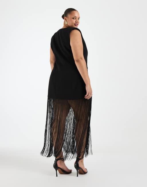 ASOS DESIGN Curve – Blazer ohne Ärmel in Schwarz mit Fransensaum, 2 von 4