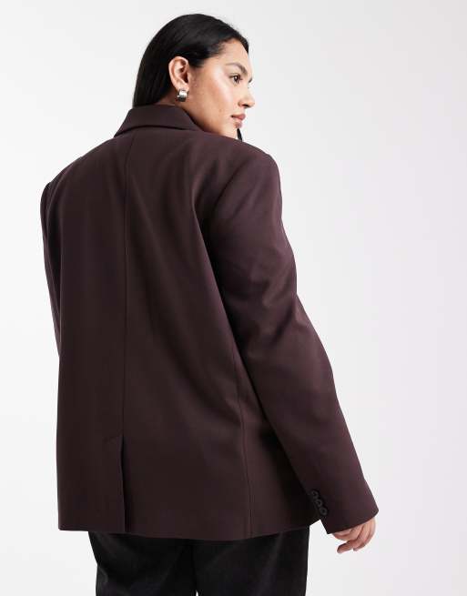 ASOS DESIGN Curve - Blazer sartoriale color cioccolato con scollo serafino, 3 di 4