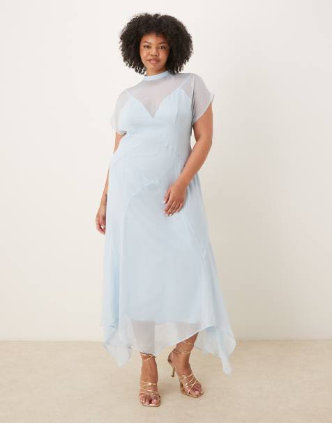 ASOS DESIGN Curve - Blød blå maxikjole med høj hals og tørklædekant i chiffon - view 1