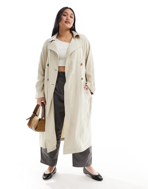 ASOS DESIGN Curve - Blød midi-trenchcoat i beige