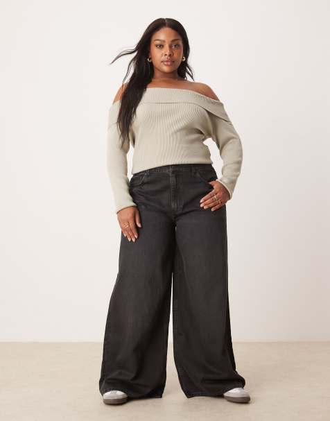 ASOS DESIGN Curve - Bløde jeans med vide ben i vasket sort - view 1