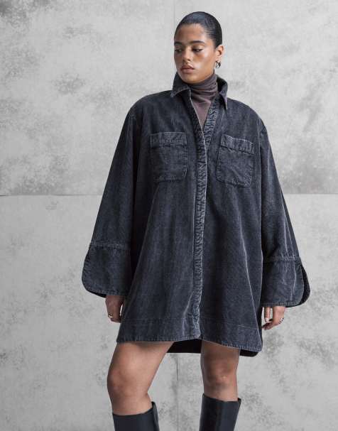 ASOS DESIGN Curve – Bleksvart skjortklänning i manchester med minilängd, breda manschetter och stora fickor - view 1