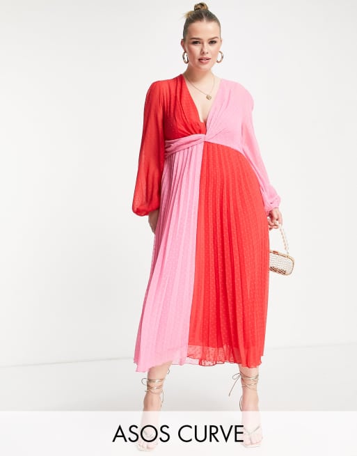 ASOS DESIGN Curve – Blockfärgad, plisserad midiklänning i dobbymesh med snurrad knut framtill