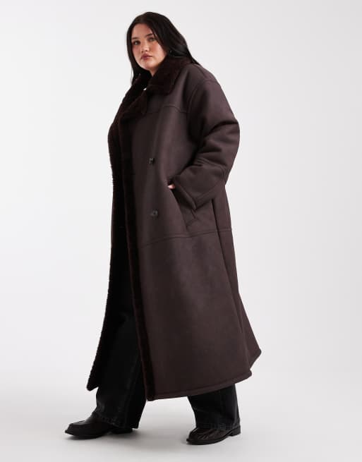 ASOS DESIGN Curve - Blommefarvet longline-jakke i bundet imiteret lammeskind, 4 af 4