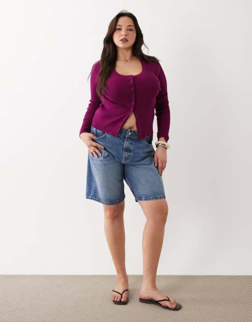 ASOS DESIGN Curve - Blommelilla cardigan med dyb rund hals i bomuldsblanding, 2 af 4