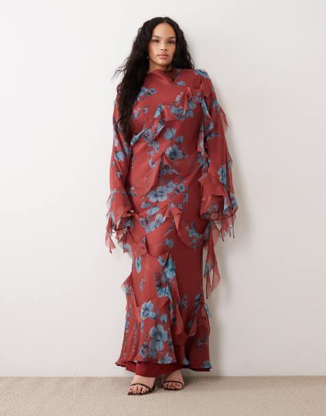 ASOS DESIGN Curve – Blommig, draperad maxiklänning med långa ärmar, volang och råskuren fåll - view 1