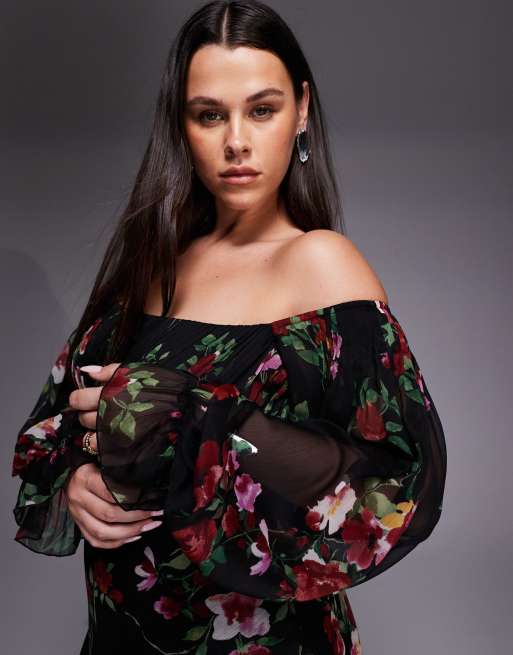 ASOS DESIGN Curve – Blommig maxiklänning med bardotringning, volang, panelsydd klockad kjol och blusärmar, 4 av 4