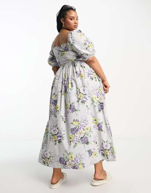 ASOS DESIGN Curve – Blommig midiklänning i bomull med smockad korsett, 2 av 4