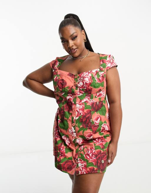 ASOS DESIGN Curve – Blommig miniklänning i twill med knäppning och kupor