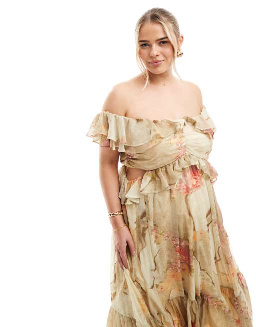 ASOS DESIGN Curve – Blommig, panelsydd midiklänning med volanger, utskurna detaljer och bara axlar , 2 av 4