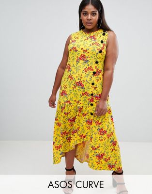 ASOS DESIGN – Curve –Blommig tea-klänning i maximodell med sänkt fåll och kontrasterande knappar-Flerfärgad