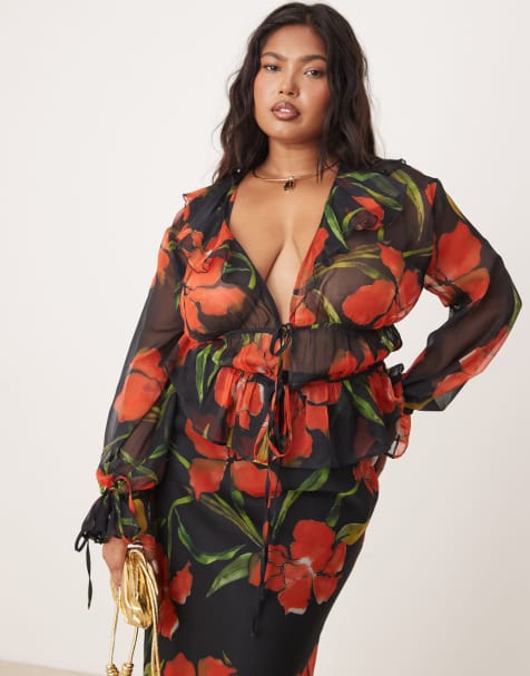 ASOS DESIGN Curve – Blommig topp i chiffong med långa ärmar, volang och knytning - view 1