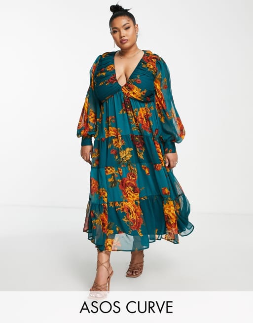 ASOS DESIGN Curve - Blomstret blå midikjole med plisseret overdel, lagdelt nederdel og snøredetaljer bagpå