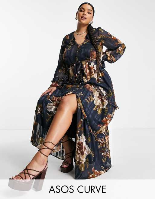 ASOS DESIGN Curve - Blomstret og lagdelt maxikjole i satin med bindefront og striber